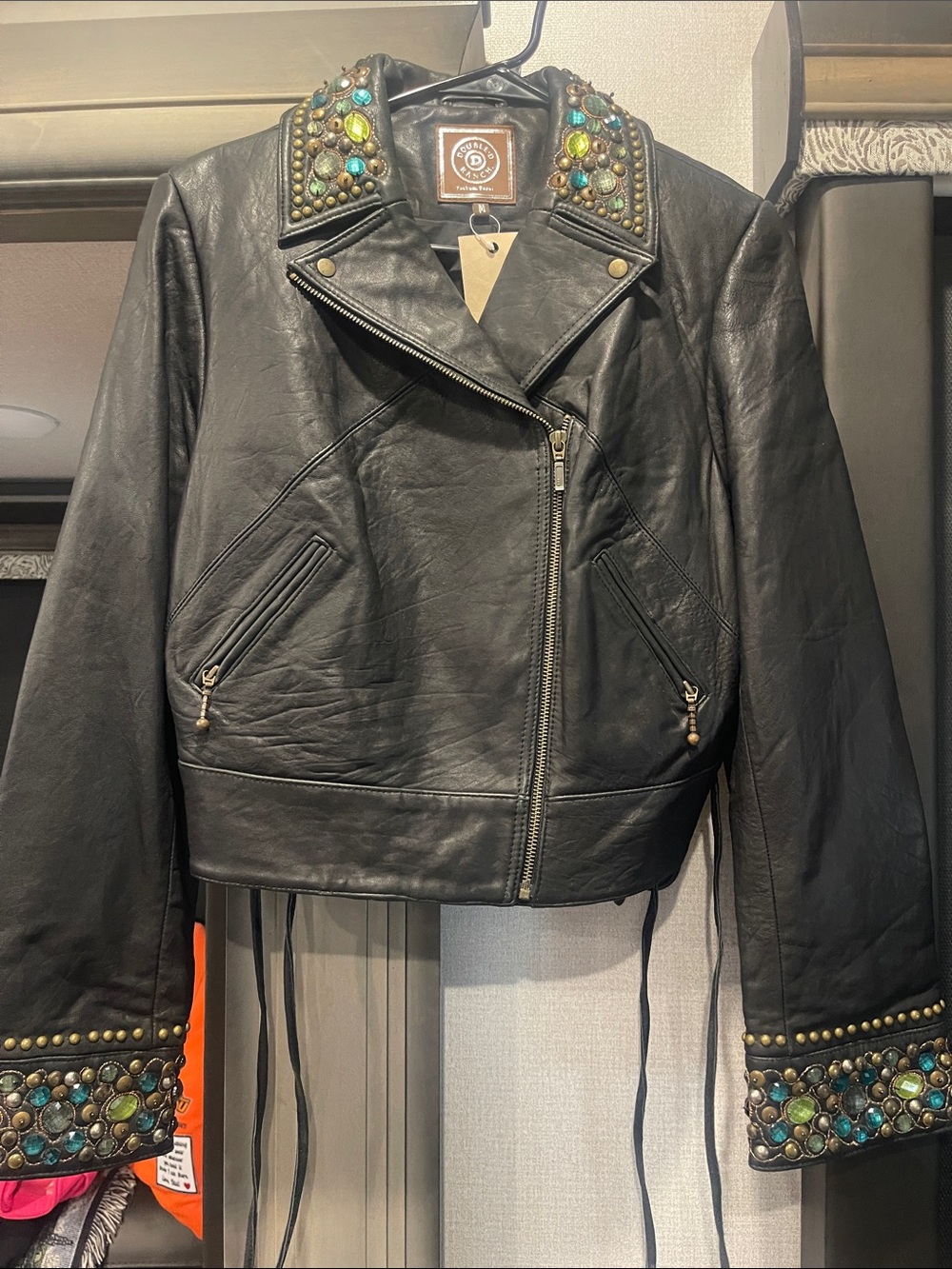 Double D Ranch  3:16 Black Leather Moto Jacket with Multicolor Stone